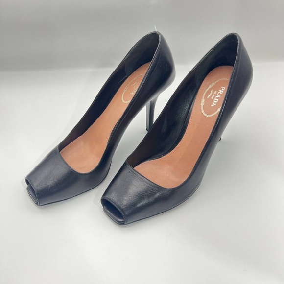 Prada Peep Toe Leather Pump High Heels Black Women 39 Career Work Causal - Picture 9 of 9